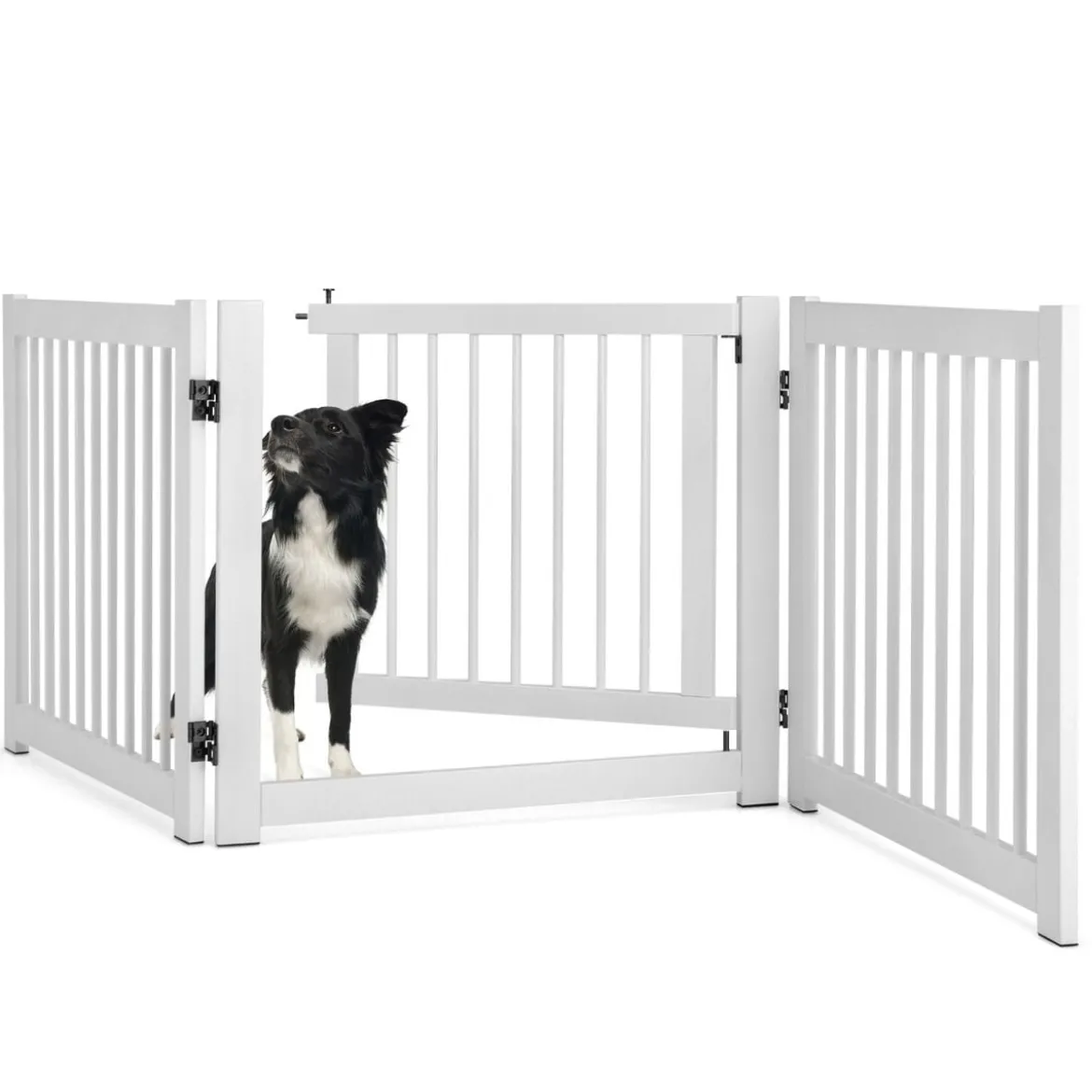 klappbar 3-teiliges Absperrgitter Hunde mit Tor aus Kiefernholz für Türen / Treppen 61cm hoch Weiß
