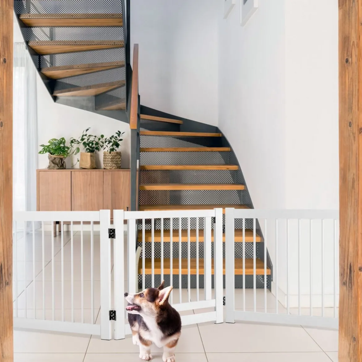 klappbar 3-teiliges Absperrgitter Hunde mit Tor aus Kiefernholz für Türen / Treppen 61cm hoch Weiß