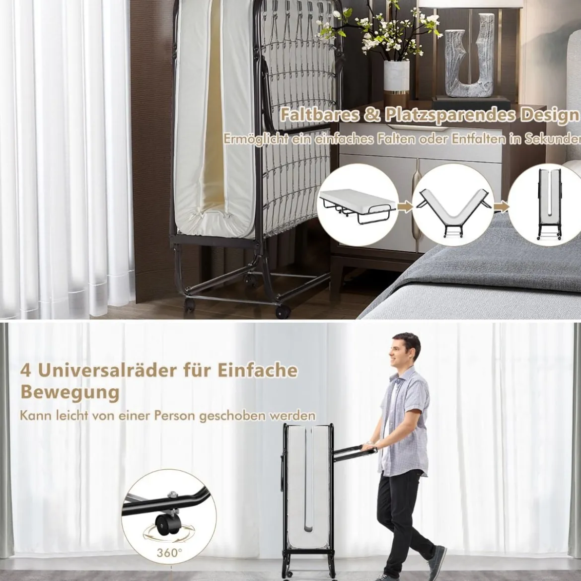 Klappbett auf Rädern mit Matratze für Erwachsene 190 x 80 x 39 cm hergestellt in Italien Herkunft: Italien