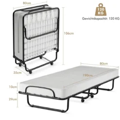 Klappbett auf Rädern mit Matratze für Erwachsene 190 x 80 x 39 cm hergestellt in Italien Herkunft: Italien
