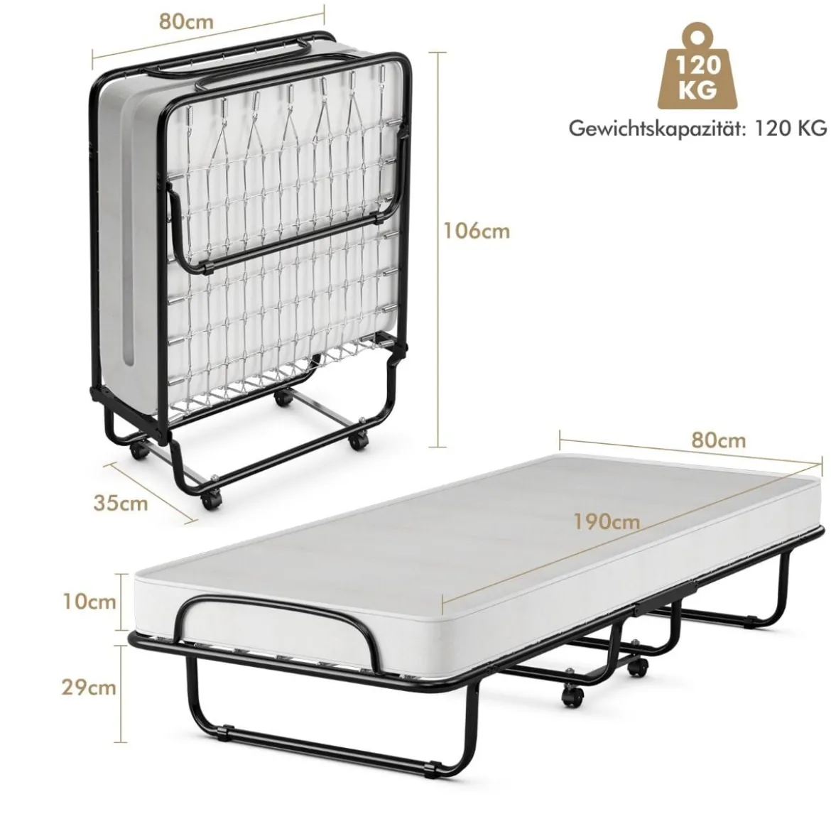 Klappbett auf Rädern mit Matratze für Erwachsene 190 x 80 x 39 cm hergestellt in Italien Herkunft: Italien