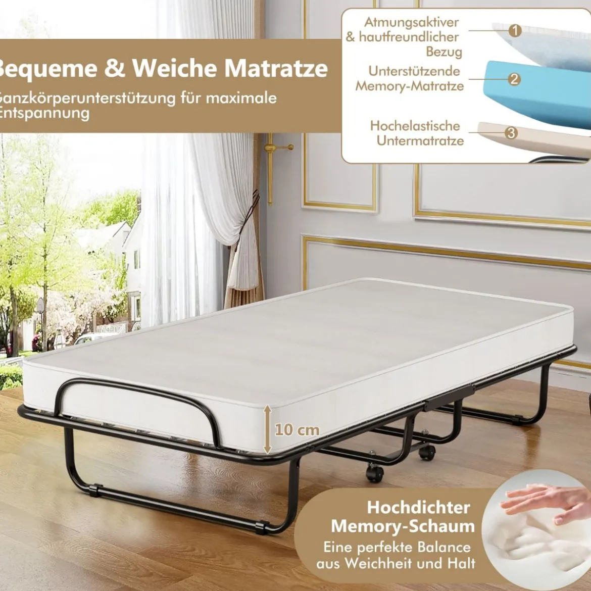 Klappbett auf Rädern mit Matratze für Erwachsene 190 x 80 x 39 cm hergestellt in Italien Herkunft: Italien