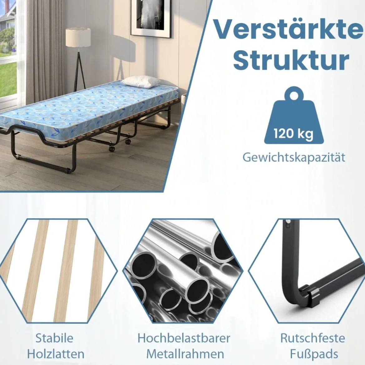 Klappbett mit Luxuriöser Matratze aus Rückstellschaum & Rollen 110 kg Belastbarkeit hergestellt in Italien Herkunft: Italien