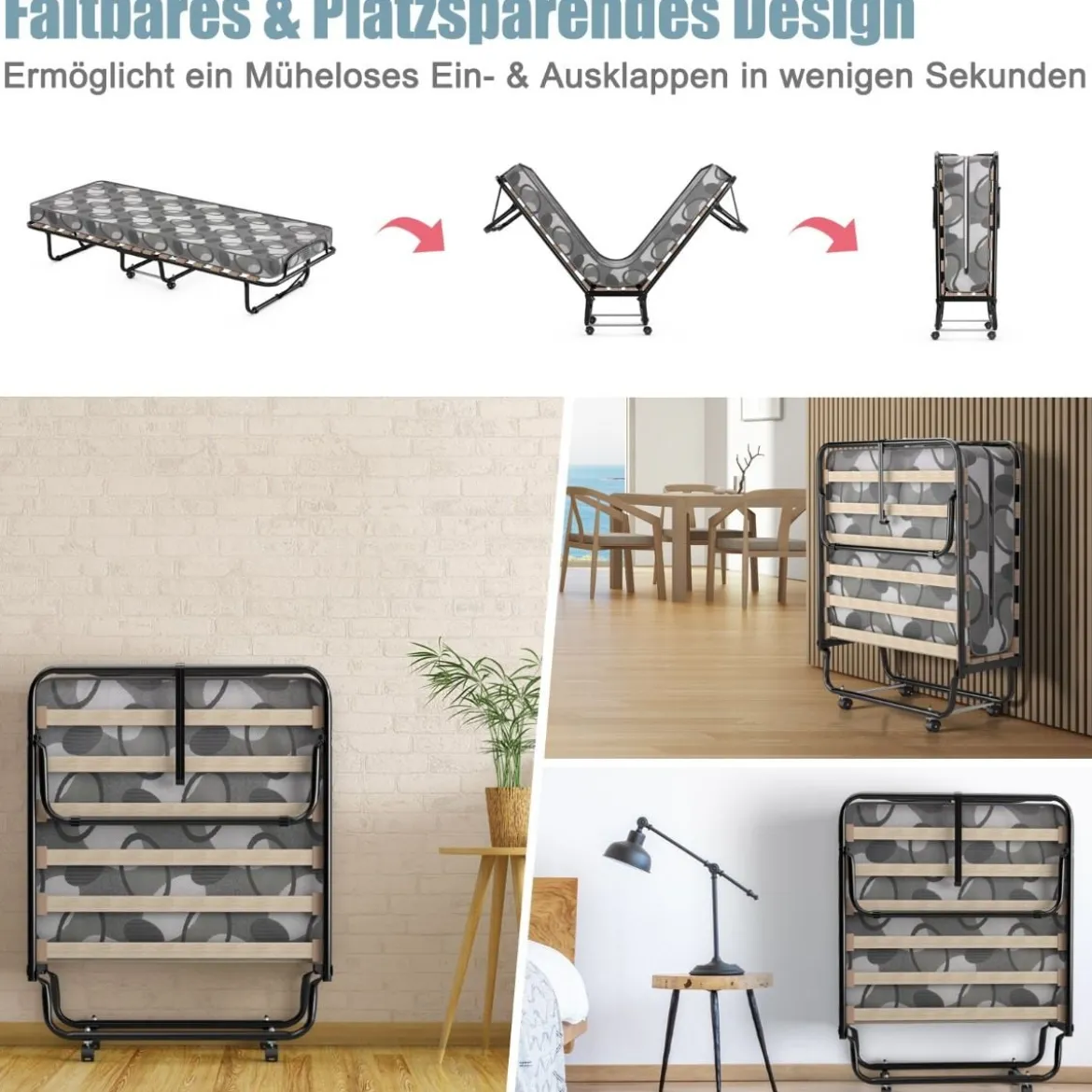 Klappbett mit Matratze Trag- und Rollbares Gästebett 190 x 80 x 33 cm hergestellt in Italien Herkunft: Italien