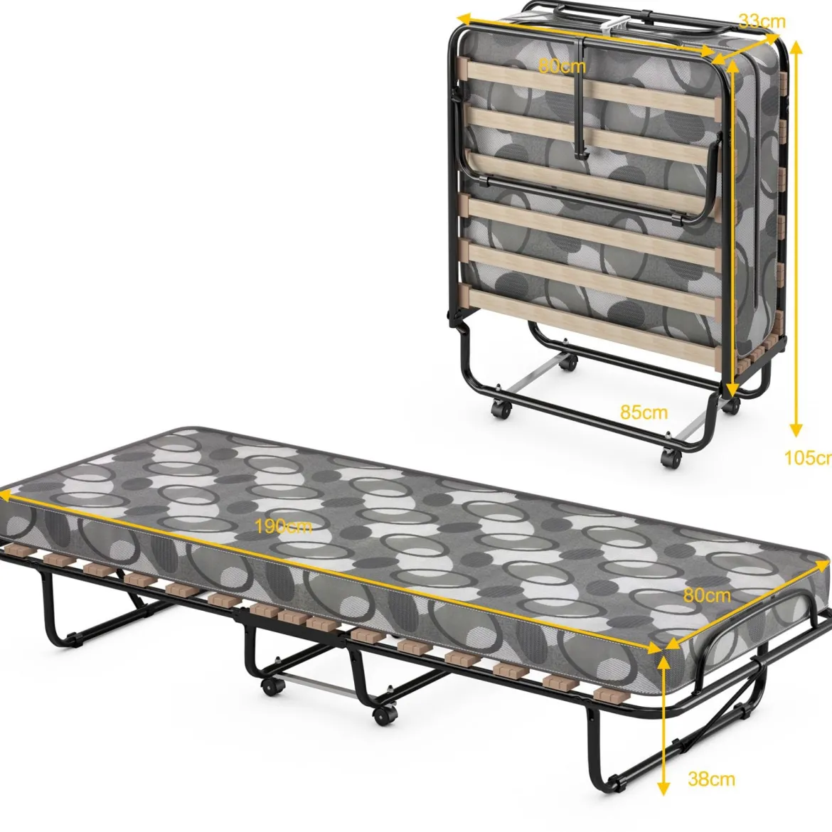 Klappbett mit Matratze Trag- und Rollbares Gästebett 190 x 80 x 33 cm hergestellt in Italien Herkunft: Italien