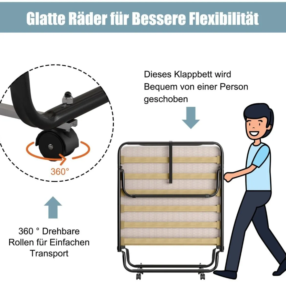 Klappbett mit Matratze Trag- und Rollbares Gästebett 190 x 80 x 33 cm hergestellt in Italien Herkunft: Italien