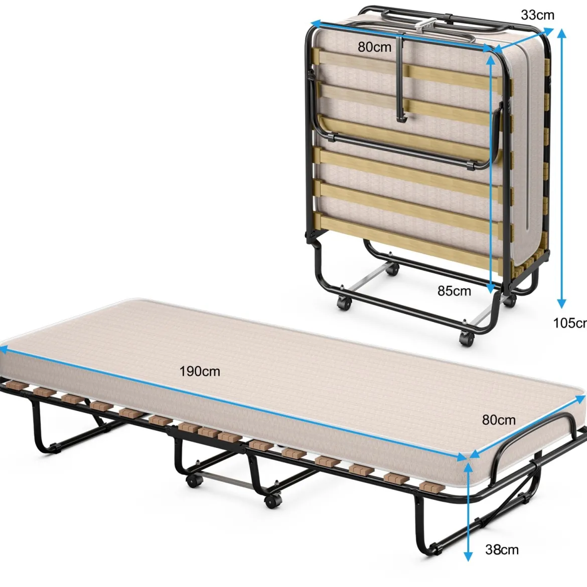 Klappbett mit Matratze Trag- und Rollbares Gästebett 190 x 80 x 33 cm hergestellt in Italien Herkunft: Italien