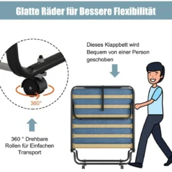 Klappbett mit Matratze Trag- und Rollbares Gästebett 190 x 80 x 33 cm hergestellt in Italien Herkunft: Italien