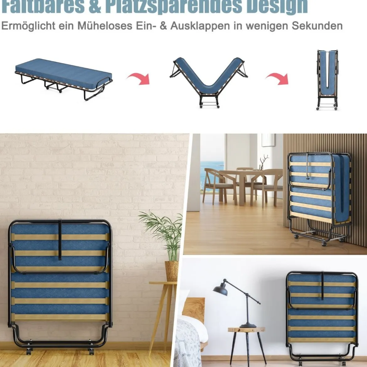 Klappbett mit Matratze Trag- und Rollbares Gästebett 190 x 80 x 33 cm hergestellt in Italien Herkunft: Italien