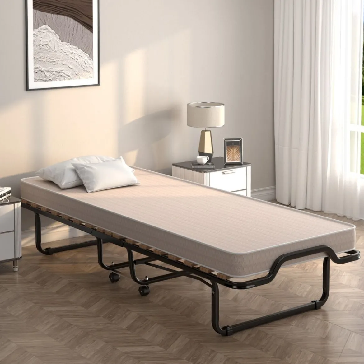 Klappbett Rollbett mit luxuriöser Matratze 200 x 90 x 41 cm Beige Hergestellt in Italien Herkunft: Italien