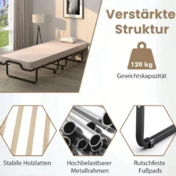Klappbett Rollbett mit luxuriöser Matratze 200 x 90 x 41 cm Beige Hergestellt in Italien Herkunft: Italien