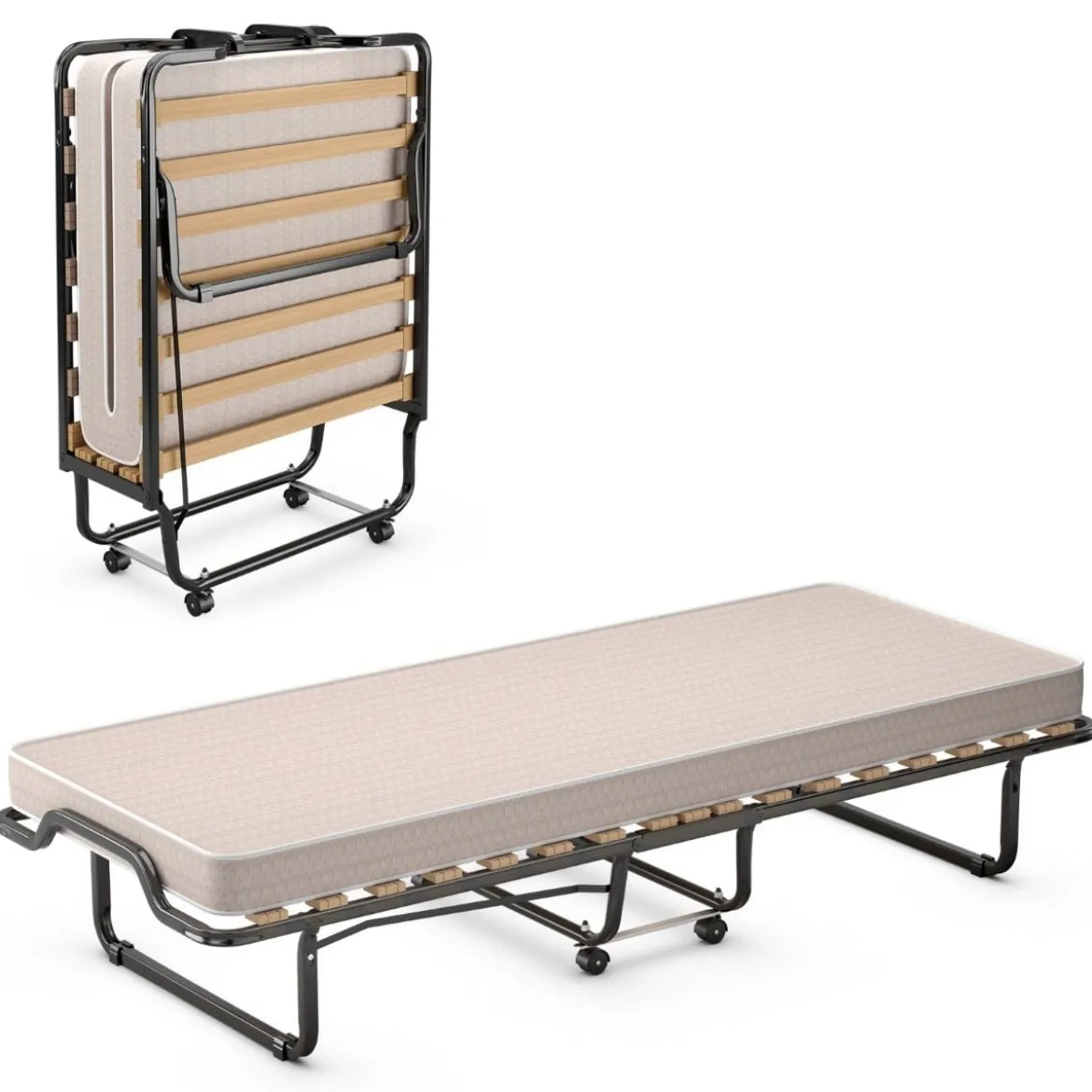 Klappbett Rollbett mit luxuriöser Matratze 200 x 90 x 41 cm Beige Hergestellt in Italien Herkunft: Italien
