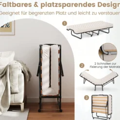 Klappbett 90x200 Cm Memory Foam Matratze Rollen Platzsparend Für Gäste Italien Schwarz