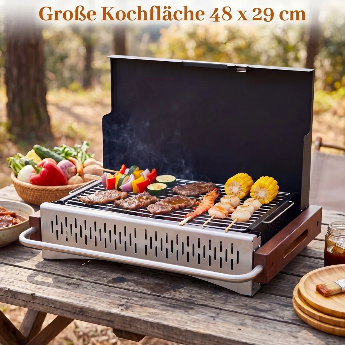 Klappgrill Outdoor Tragbarer Holzkohlegrill Camping Grill aus Metall 62 x 43,5 x 41,5 cm