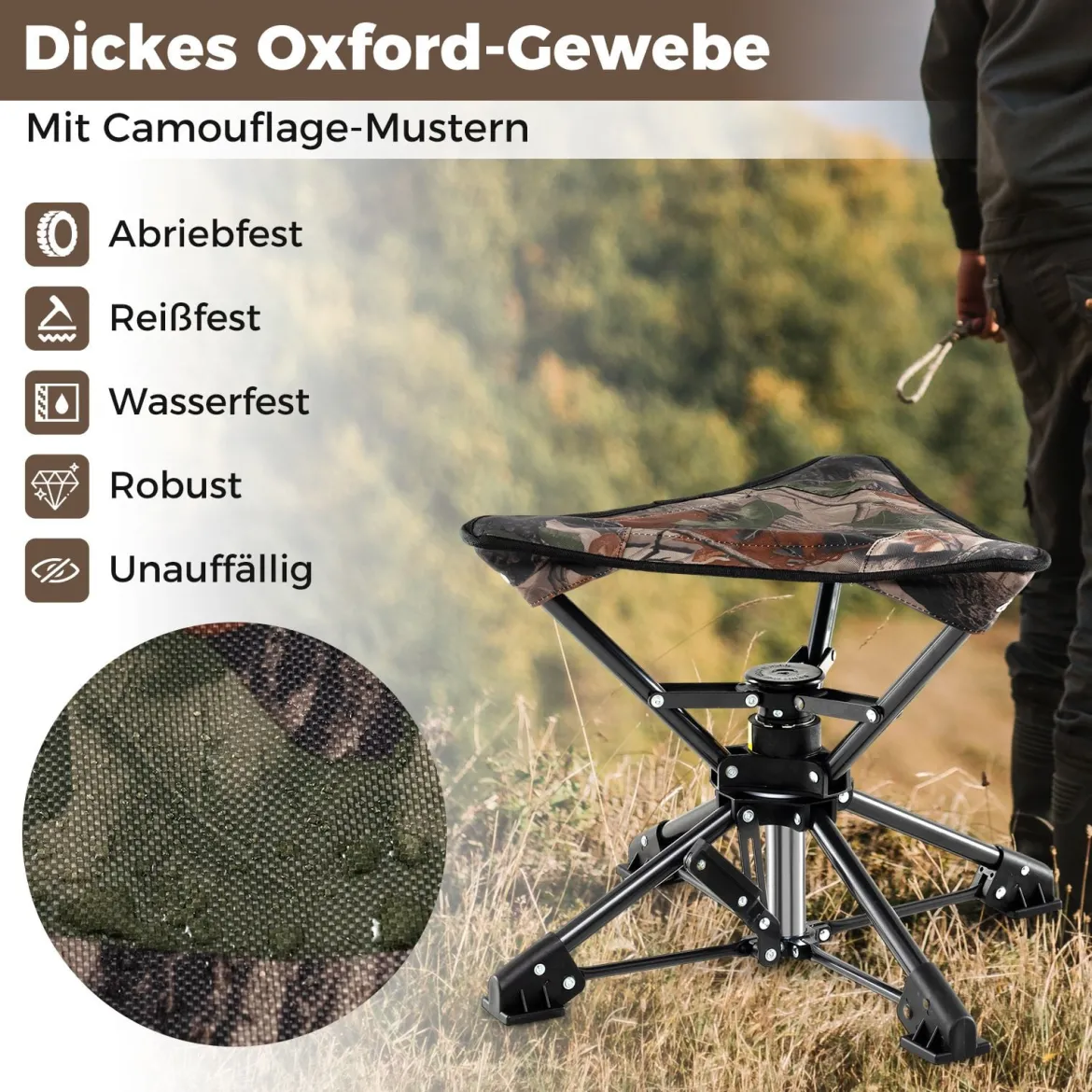 Klapphocker faltbar 360° drehbarer Campinghocker Falthocker mit Anti-Sink-Füßen & Tragetasche Tarnung