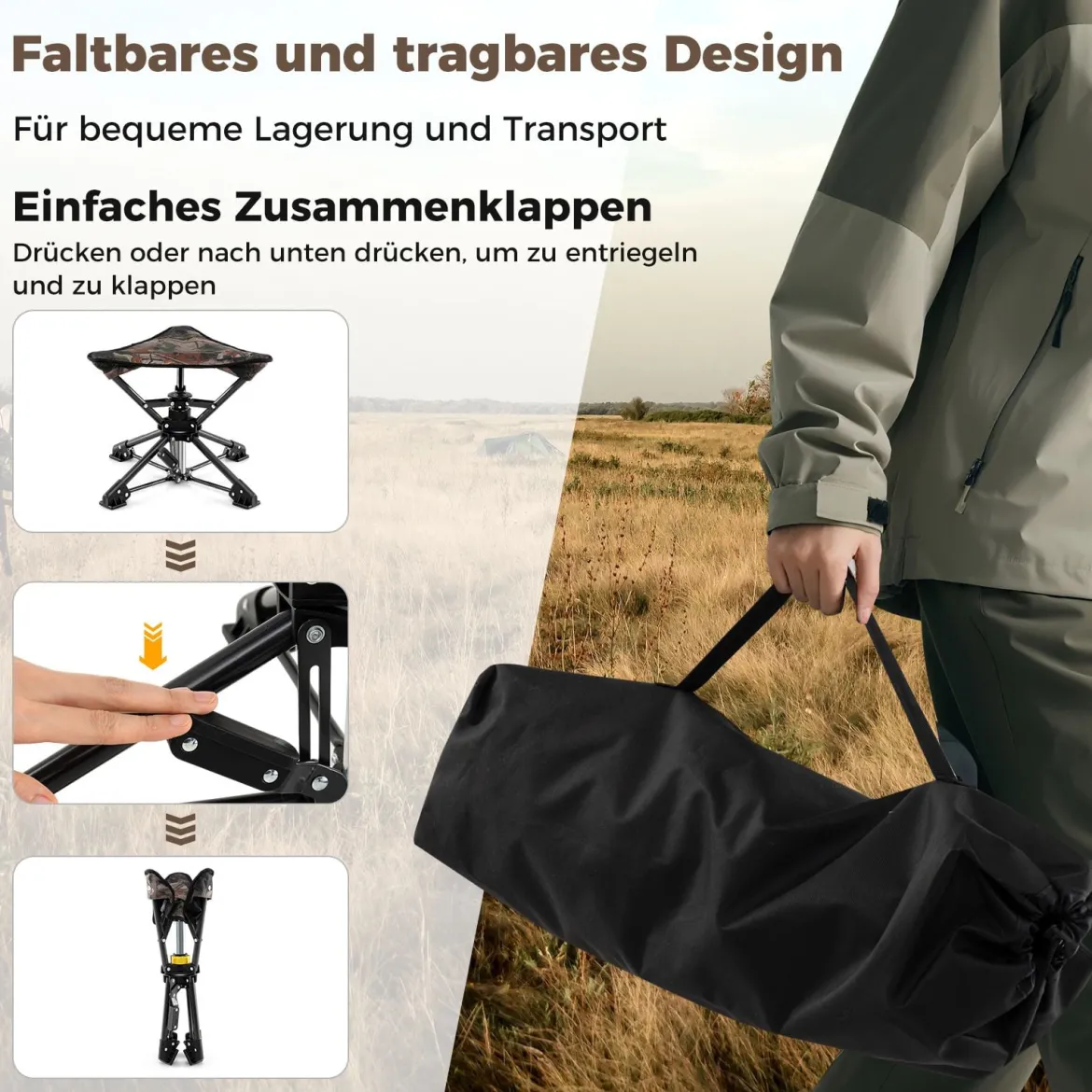 Klapphocker faltbar 360° drehbarer Campinghocker Falthocker mit Anti-Sink-Füßen & Tragetasche Tarnung