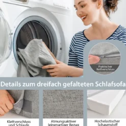 Klappmatratze mit Kissen aus Schaumstoff 15cm dick Schlafsofa mit Waschbarem Bezug 190 x 100 x 15 cm Grau