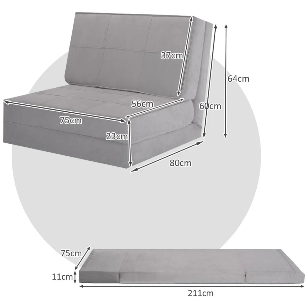 Klappsofa 3-Fach Umklappbares Schlafsofa mit 5Rückenlehnenpositionen Grau