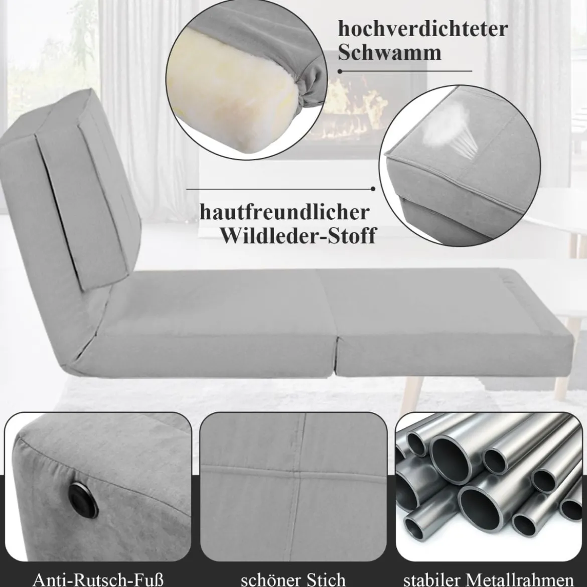 Klappsofa 3-Fach Umklappbares Schlafsofa mit 5Rückenlehnenpositionen Grau