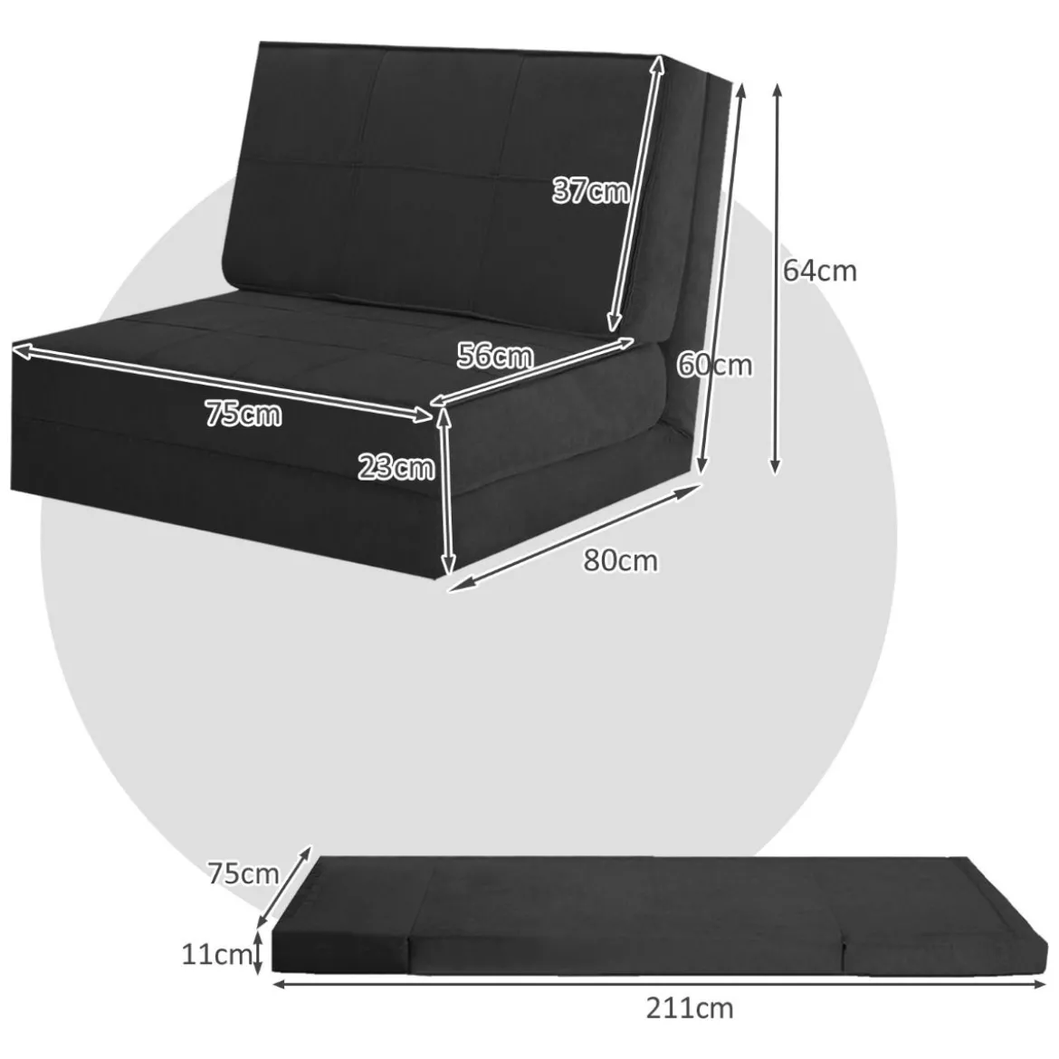 Klappsofa 3-Fach Umklappbares Schlafsofa mit 5Rückenlehnenpositionen Schwarz