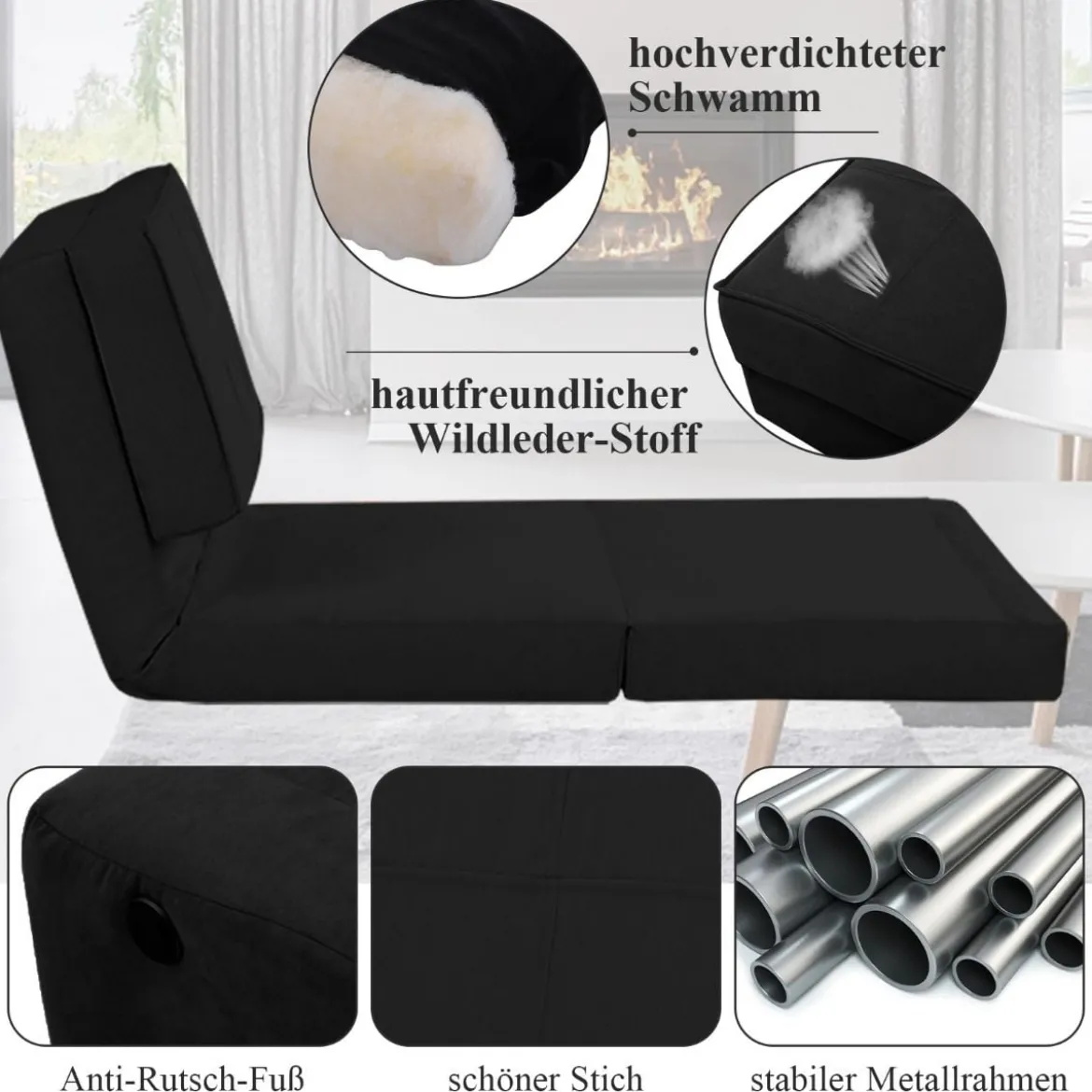 Klappsofa 3-Fach Umklappbares Schlafsofa mit 5Rückenlehnenpositionen Schwarz