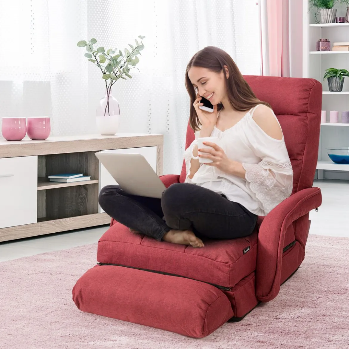Klappsofa Schlafsofa Bodenstuhlsofa Liegebett verstellbar mit Armlehnen & Kissen Rot
