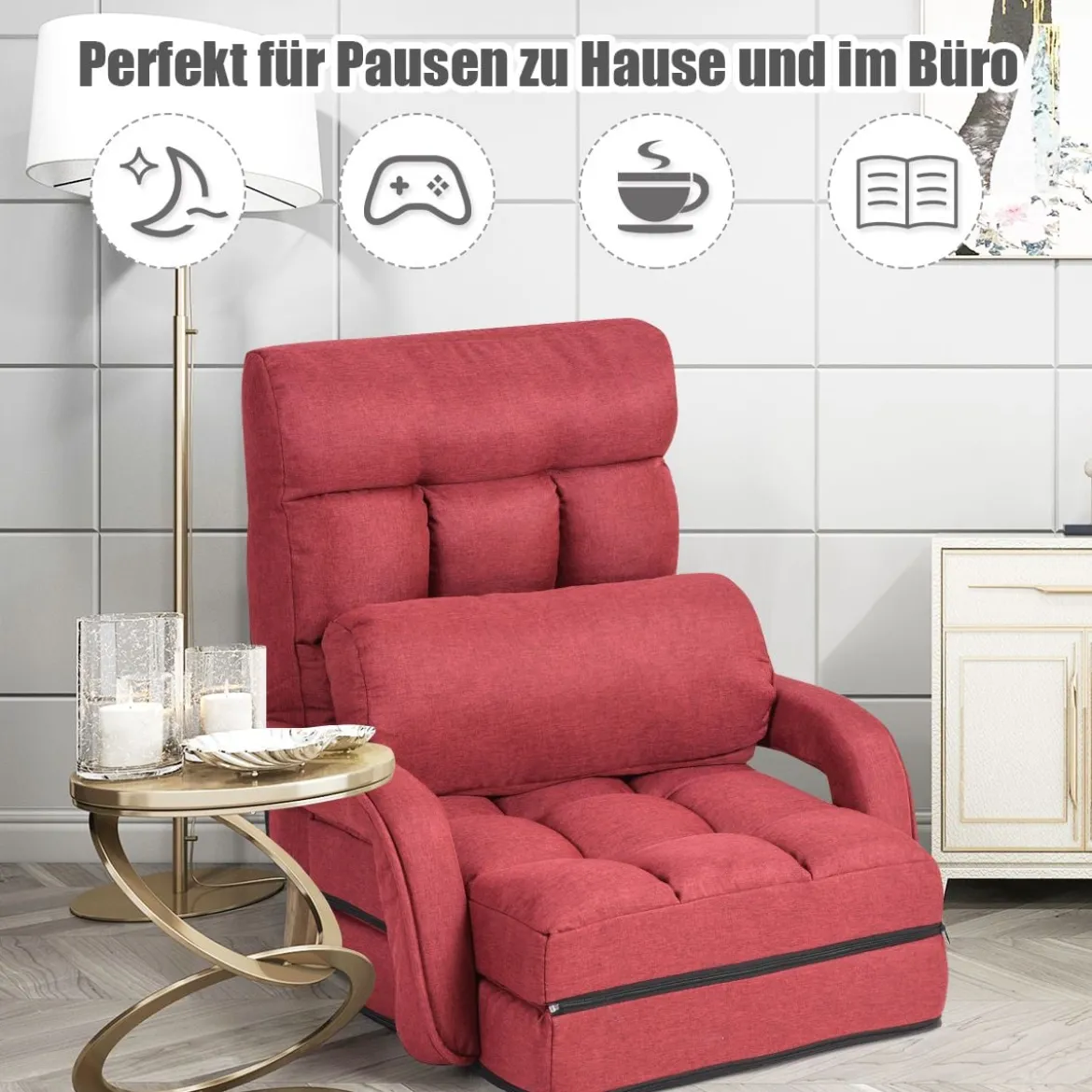 Klappsofa Schlafsofa Bodenstuhlsofa Liegebett verstellbar mit Armlehnen & Kissen Rot