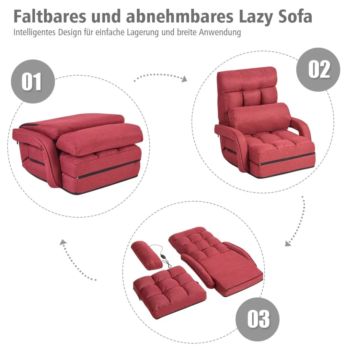 Klappsofa Schlafsofa Bodenstuhlsofa Liegebett verstellbar mit Armlehnen & Kissen Rot