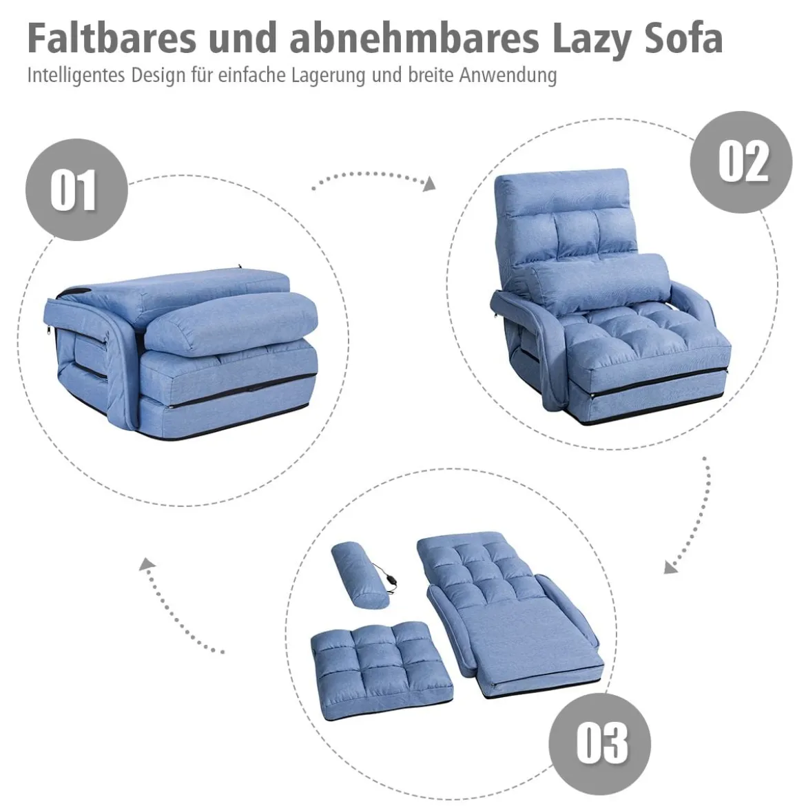 Klappsofa Schlafsofa Bodenstuhlsofa Liegebett verstellbar mit Armlehnen & Kissen Blau