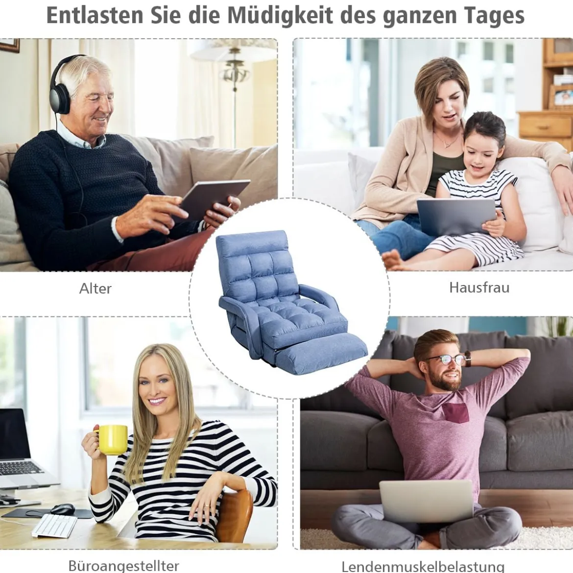 Klappsofa Schlafsofa Bodenstuhlsofa Liegebett verstellbar mit Armlehnen & Kissen Blau
