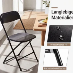 Klappstühle 4er Set Wetterfeste Gartenstühle mit Metallrahmen bis 150kg Kunststoff Balkonstühle Schwarz