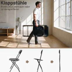 Klappstühle 4er Set Wetterfeste Gartenstühle mit Metallrahmen bis 150kg Kunststoff Balkonstühle Schwarz