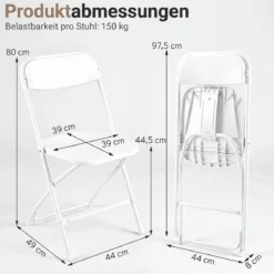 Klappstühle 4er Set Wetterfeste Gartenstühle mit Metallrahmen bis 150kg Kunststoff Balkonstühle Weiß