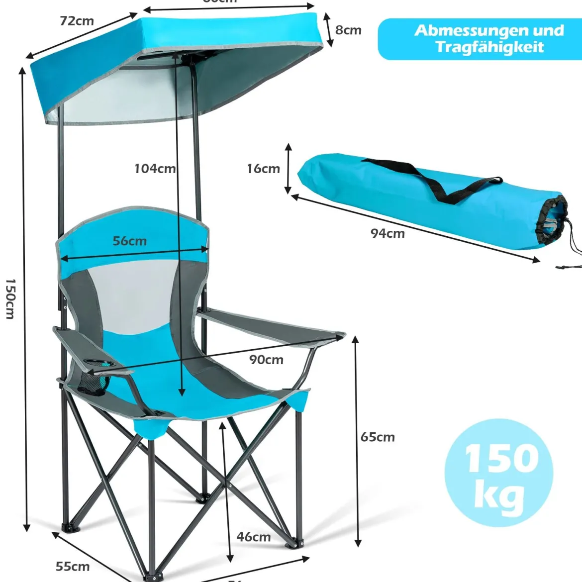 Klappstühle mit Sonnenschirm Outdoor-Stuhl mit Sonnendach 90 x 72 x 150 cm Blau
