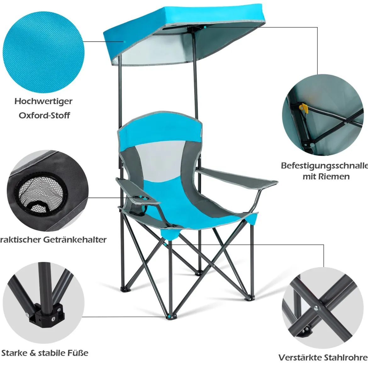 Klappstühle mit Sonnenschirm Outdoor-Stuhl mit Sonnendach 90 x 72 x 150 cm Blau