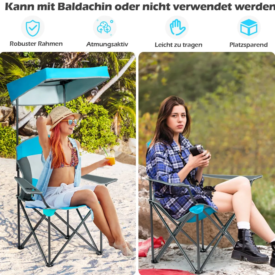 Klappstühle mit Sonnenschirm Outdoor-Stuhl mit Sonnendach 90 x 72 x 150 cm Blau