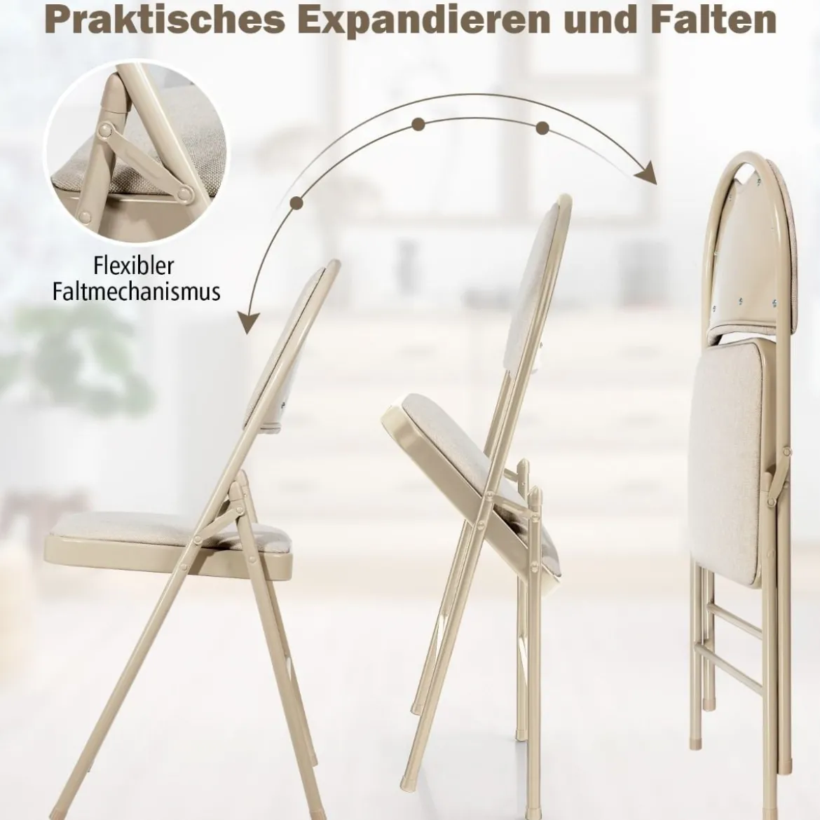 4 Klappstühle tragbare Metallstühle mit gepolstertem Sitz gepolsterte Stühle für Zuhause Beige/Grau