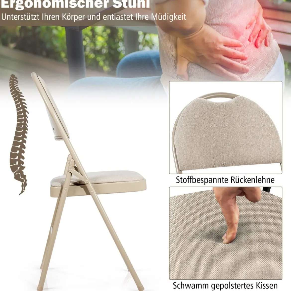 4 Klappstühle tragbare Metallstühle mit gepolstertem Sitz gepolsterte Stühle für Zuhause Beige/Grau