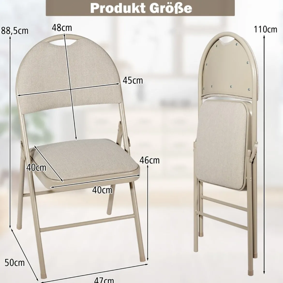 4 Klappstühle tragbare Metallstühle mit gepolstertem Sitz gepolsterte Stühle für Zuhause Beige/Grau