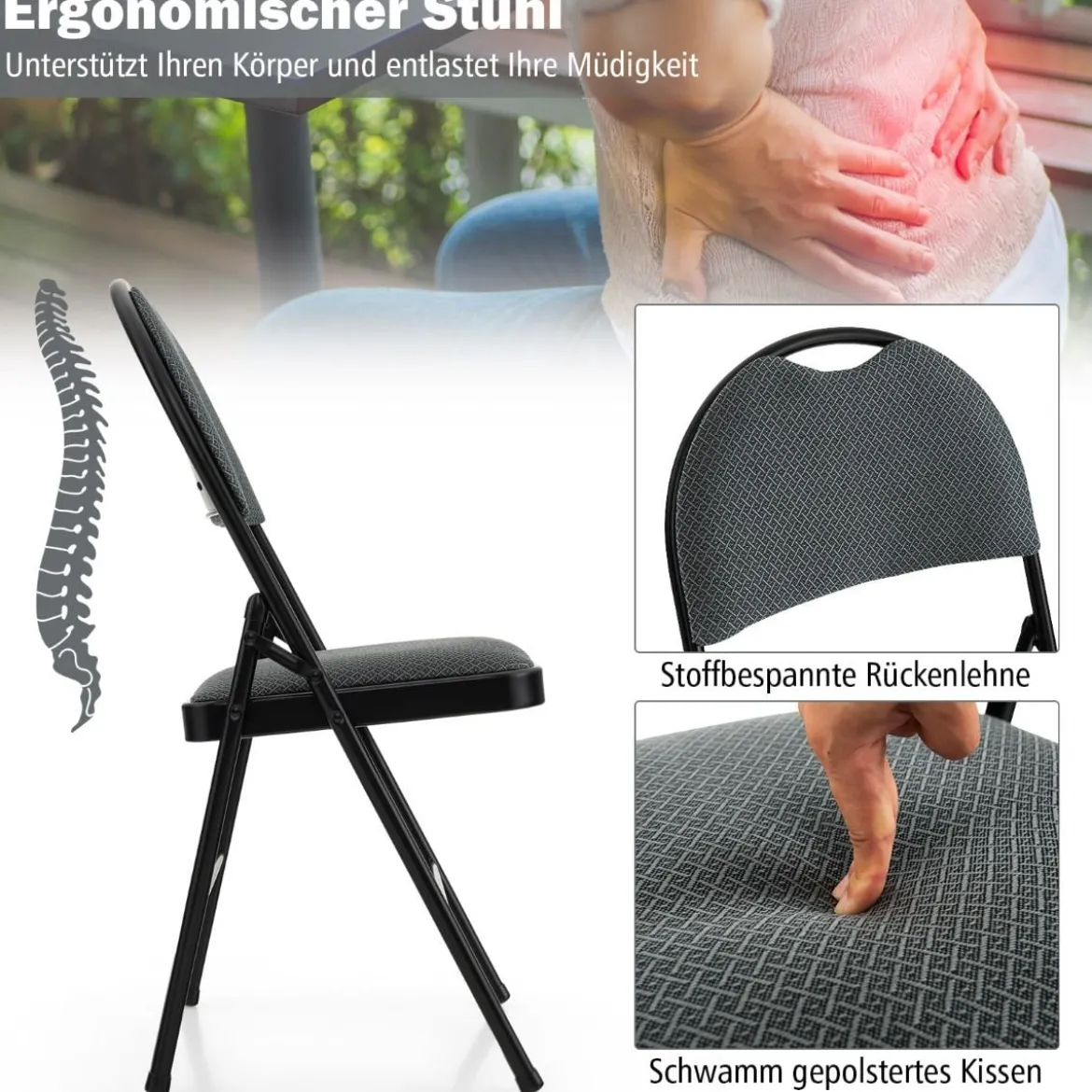 4 Klappstühle tragbare Metallstühle mit gepolstertem Sitz gepolsterte Stühle für Zuhause Beige/Grau
