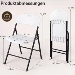 Klappstuhl 4er Set Essstühle aus Kunststoff Küchenstuhl mit Rückenlehne & Metallrahmen Weiß