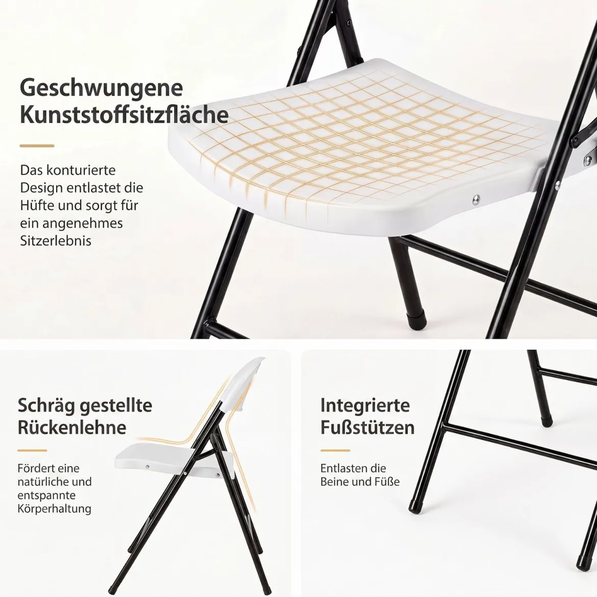 Klappstuhl 4er Set Essstühle aus Kunststoff Küchenstuhl mit Rückenlehne & Metallrahmen Weiß