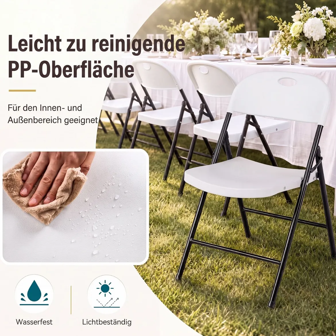 Klappstuhl 4er Set Essstühle aus Kunststoff Küchenstuhl mit Rückenlehne & Metallrahmen Weiß