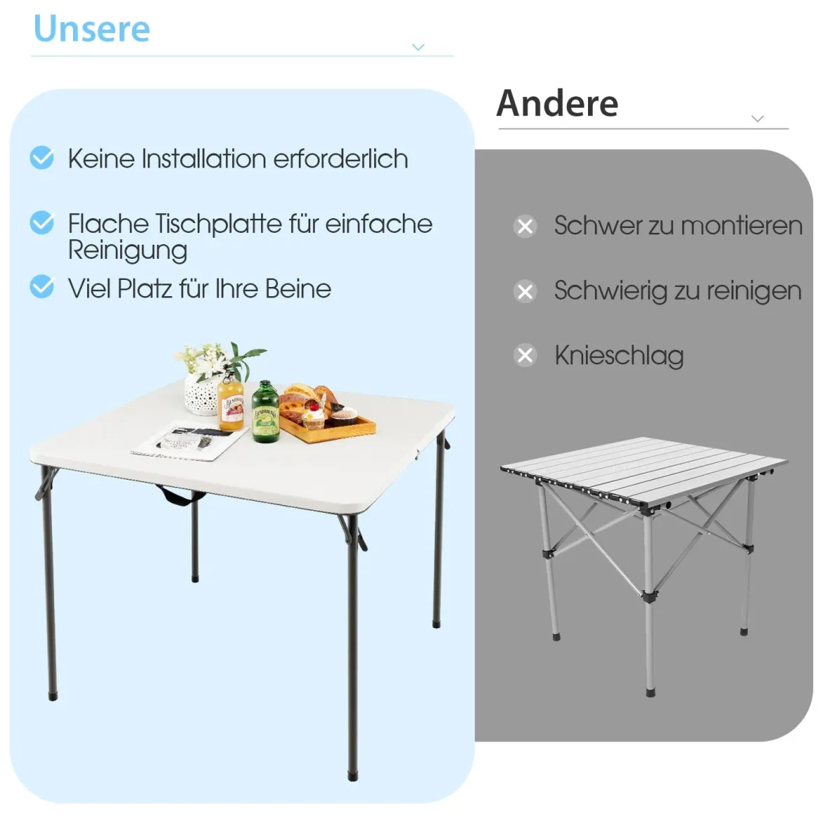 Klapptisch für Camping tragbarer Picknick-Campingtisch mit Griff leichter Esstisch für den Außenbereich Weiß/Grau
