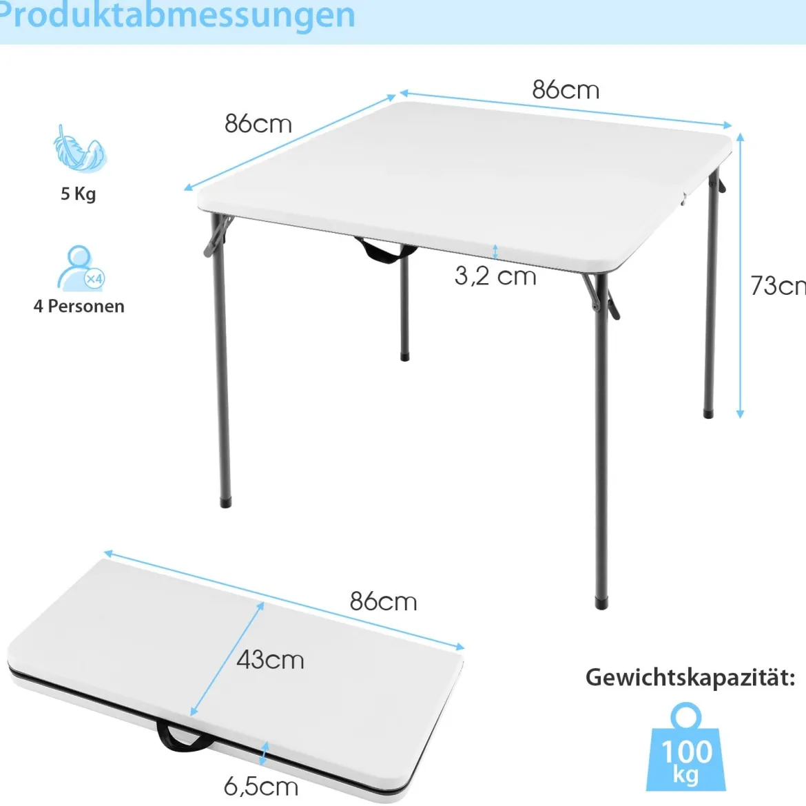 Klapptisch für Camping tragbarer Picknick-Campingtisch mit Griff leichter Esstisch für den Außenbereich Weiß/Grau