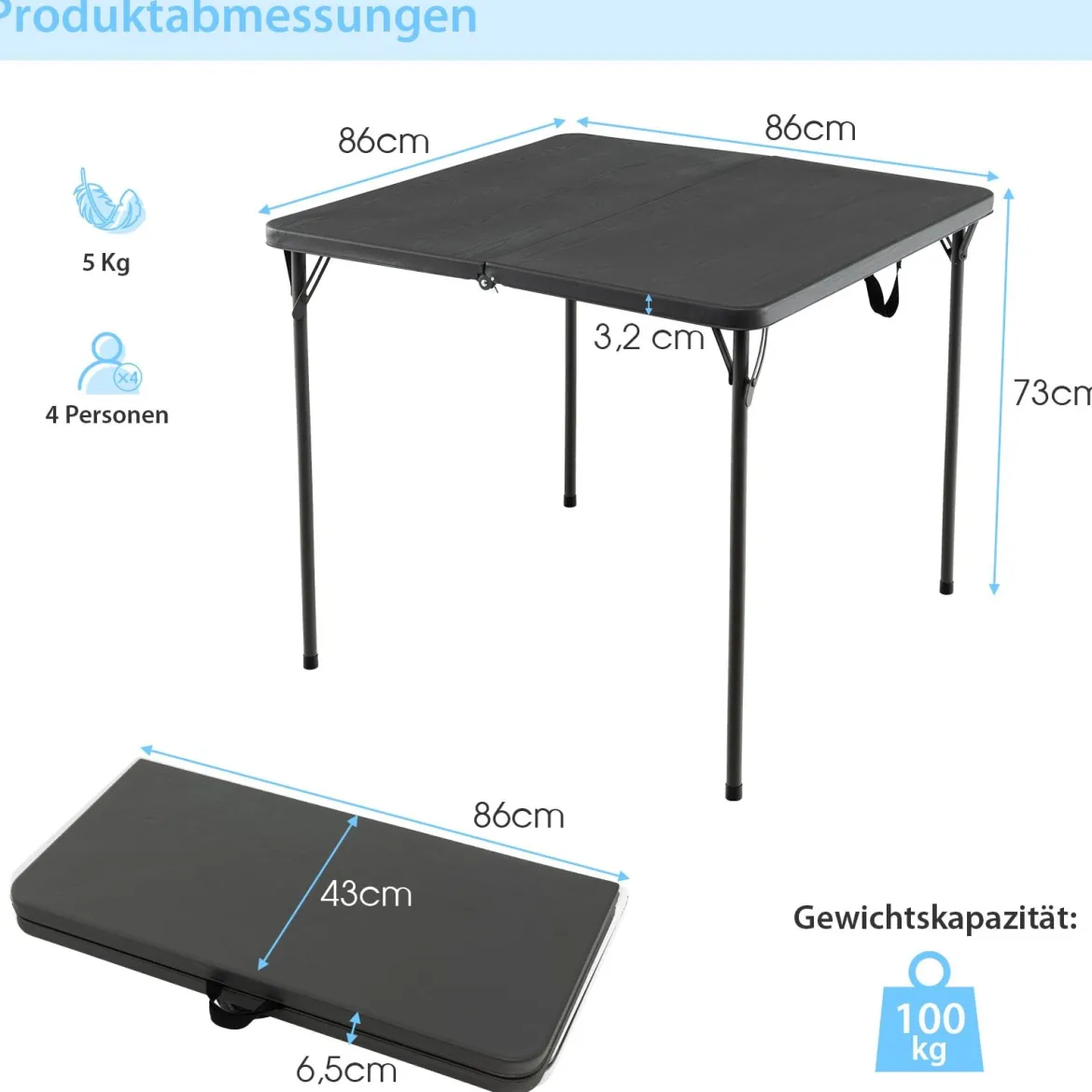 Klapptisch für Camping tragbarer Picknick-Campingtisch mit Griff leichter Esstisch für den Außenbereich Weiß/Grau