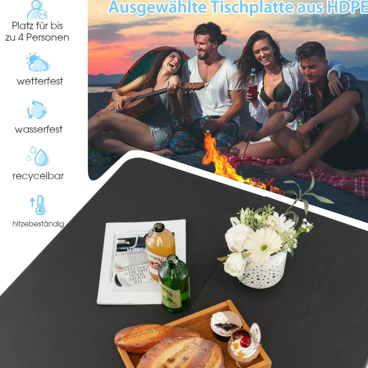 Klapptisch für Camping tragbarer Picknick-Campingtisch mit Griff leichter Esstisch für den Außenbereich Weiß/Grau