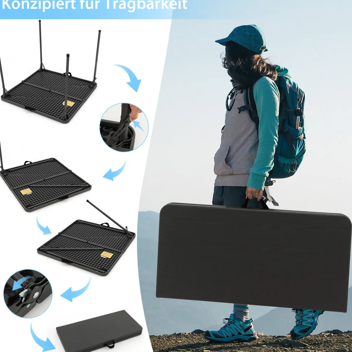 Klapptisch für Camping tragbarer Picknick-Campingtisch mit Griff leichter Esstisch für den Außenbereich Weiß/Grau