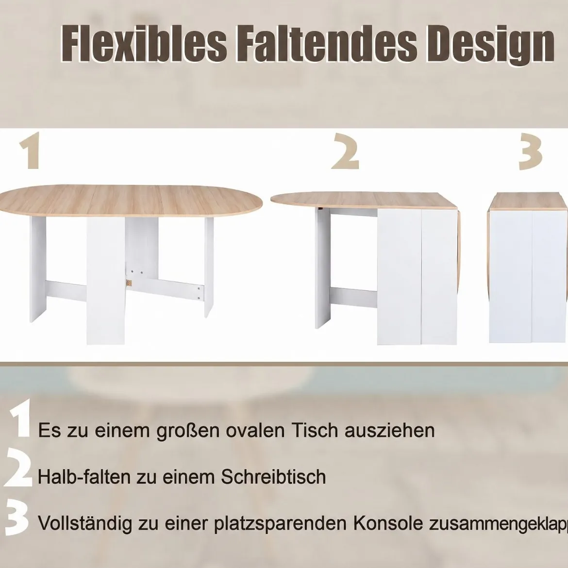 Klapptisch Rund Balkontisch Klappbarer Gartentisch für 4 bis 7 Personen 163 x 80 x 75 cm Weiß