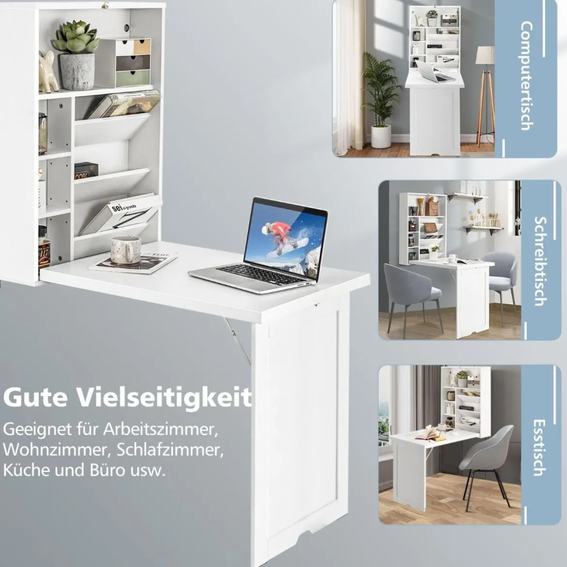 Klapptisch Wandmontierbarer Schreibtisch mit 3-Stufiger Neigbarer Trennwand Weiß